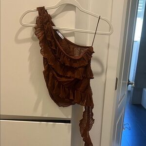 Zara Brown One-Shoulder Ruffle Blouse